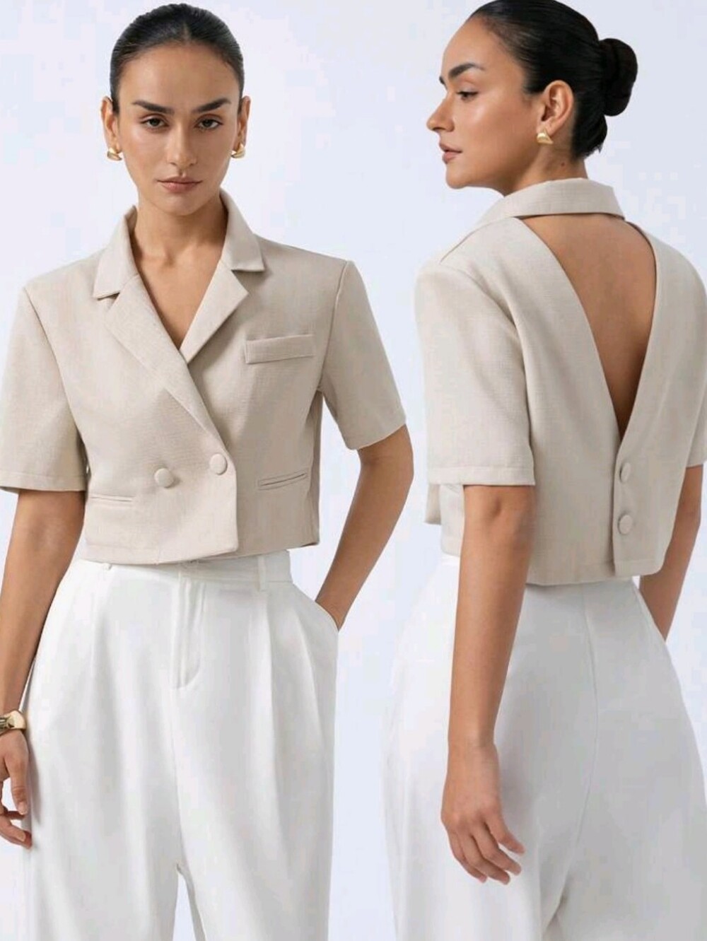 Cropped Open-Back Blazer Jacket in Light Beige
